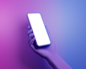 Abstract hand holding a smartphone with a blank screen - violet-pink background