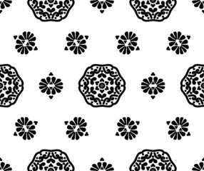 Black mandala and flowers on a white background. Abstract seamless floral pattern. Decorative texture. Black and white. For fabric, wallpaper, venetian pattern,textile, packaging.