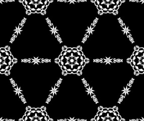 Geometric tiled pattern with ornament. Arabic ethnic  seamless background.  Decorative texture. Black and white. For fabric, wallpaper, venetian pattern,textile, packaging.