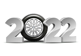 Obraz na płótnie Canvas New Year numbers 2022 with car tire isolated on white background.