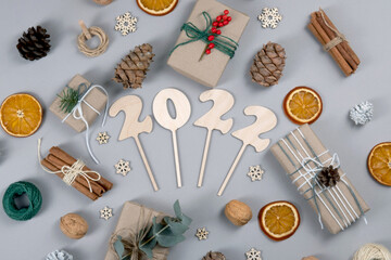 Beautiful, natural and zero waste New Year composition of different decoration objects.