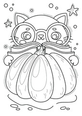 Coloring page with a cat in glasses who reads a book, hand-drawn vector illustration.