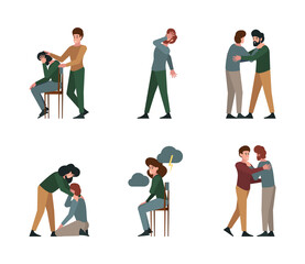 Mental support. Mentally problems psychological helping to people mind pain garish vector people friends medical specialists