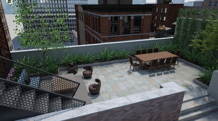 The rooftop garden of the high-rise building 3d illustration