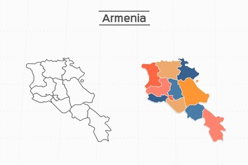 Fototapeta premium Armenia map city vector divided by colorful outline simplicity style. Have 2 versions, black thin line version and colorful version. Both map were on the white background.