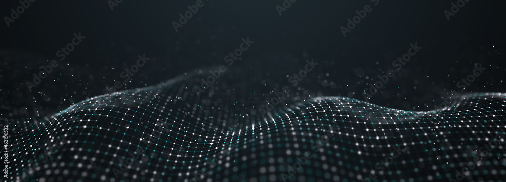 Poster Abstract background of points and lines. Cyber wave. Big data stream. 3d rendering