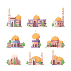 Arabic mosque. Religion authentic arabesque buildings geometric roofs with domes sultan home garish vector flat illustrations isolated