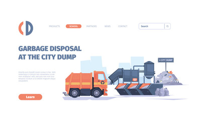 Waste recycling landing. Industry cleaning from garbage separated plastic waste industry vehicle garish vector web page templates