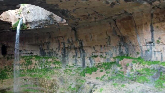 Limestone Cave At Balaa Gorge Sinkhole With Plunge Waterfall In Tannourine, Batroun, Lebanon. - panning left