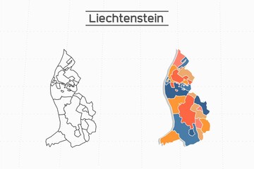 Liechtenstein map city vector divided by colorful outline simplicity style. Have 2 versions, black thin line version and colorful version. Both map were on the white background.