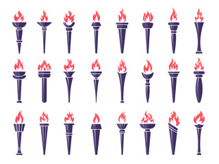 Torch collections. Graphic stylized flames on torch recent vector set of sport symbols