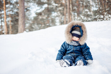 Fototapeta na wymiar Portrait of child sitting in snow in spruce forest. Little kid boy having fun outdoors in winter nature. Christmas holiday. Cute toddler boy in blue overalls and knitted scarf and cap walking in park.
