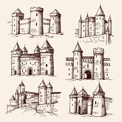 Medieval castles. Drawing ancient building towers gothic architectural objects old castles recent vector illustrations © ONYXprj