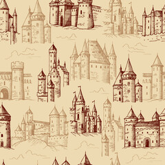Castles pattern. Medieval historical buildings with towers textile design projects template recent vector seamless background