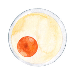 Watercolor drawing broken egg in a bowl isolated on white background. Ingredient for baking.