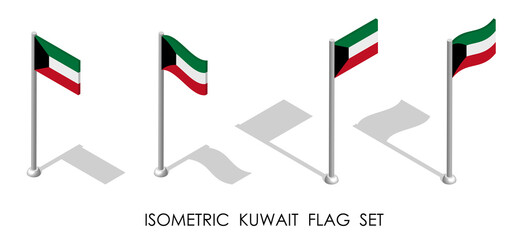 isometric flag of KUWAIT in static position and in motion on flagpole. 3d vector