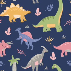 Cute dinosaurs with tropical plant. Seamless pattern for kids in jurassic period. Colourful prehistoric animals on blue background. Hand drawn vector wallpaper illustration, modern flat cartoon style