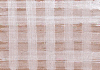 Rustic checkered background with stripes of white paint on light brown craft paper. Hand drawn texture with gouache brush strokes. Soft, cozy, rural backdrop. Artistic design element