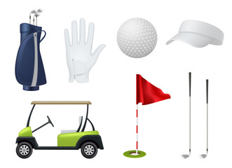 Golf equipment. Car white balls golf stick point flags grass sport bag decent vector illustrations set in realistic style