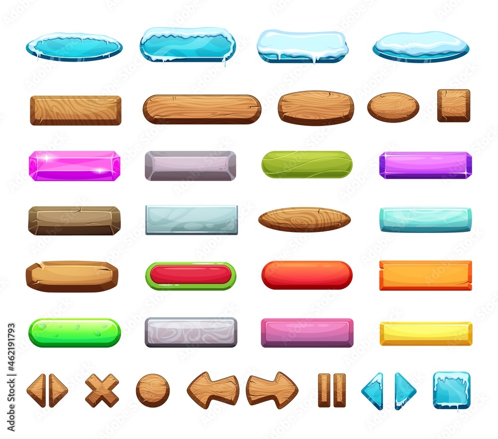 Poster game ui interface elements. wooden, frozen buttons, colorful cartoon web games design vector set