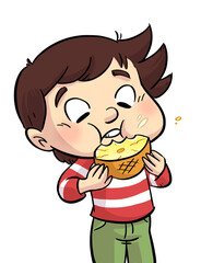 Illustration of boy eating pineapple cut in half
