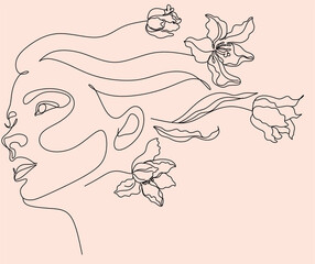 Obraz na płótnie Canvas Woman face with butterfly. Line art female hands with flowers. Abstract face with floral line drawing. Portrait minimalistic style. Female logo. Botanical poster print. Nature symbol of cosmetics. 
