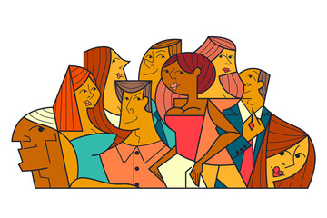 Group of young people. Office workers of different nationalities. Vector illustration of diverse men and women of various races, ages and body type. Isolated on white.