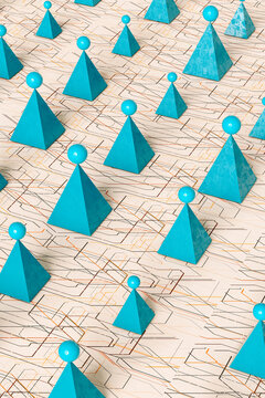 Blue pyramids and spheres on pattern