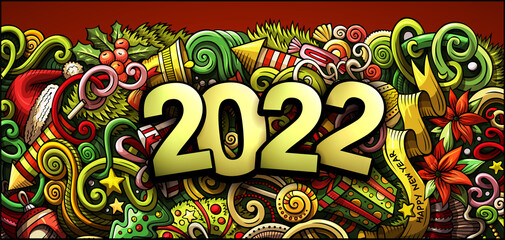 2022 doodles horizontal illustration. New Year objects and elements poster