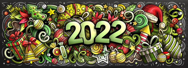2022 doodles horizontal illustration. New Year objects and elements poster