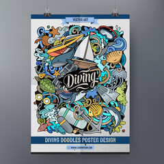 Cartoon colorful hand drawn doodles Diving poster template.
