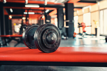 Dumbbells close-up in the gym. Low angle vew. Copy space