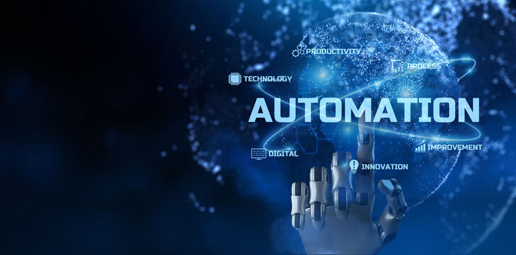 Automation RPA Business Process Workflow Optimisation Innovation Technology concept. Robotic arm 3d rendering.