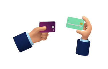 Two 3D variations of hands with credit cards isolated on white background, 3D illustration