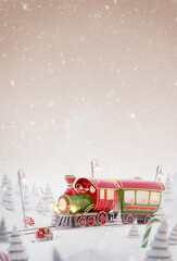 Cute funny fairy Santa's Christmas train in a magical forest