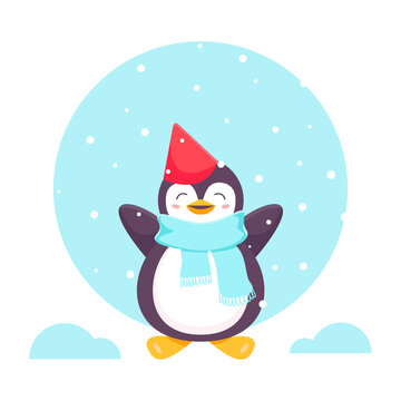 penguin in a scarf, a cap rejoices in the snow. Christmas and New Year. Funny cartoon character of a kind penguin. Christmas penguin, masquerade. Vector illustration