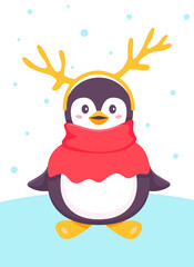 penguin in a scarf, shirt-front, and deer antlers. Christmas and New Year. Funny cartoon kind penguin character. Christmas penguin, masquerade. Vector illustration