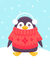 penguin in a sweater and warm headphones. Christmas and New Years concept. Cute kind penguin smiles. Vector illustration