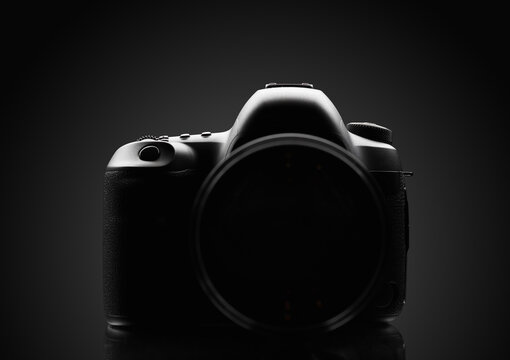 photo and video camera silhouette, front view, black background