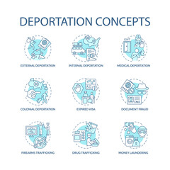 Deportation concept blue icons set. Reasons for official removal from country. Expired visa. Immigration idea thin line color illustrations. Vector isolated outline drawings. Editable stroke