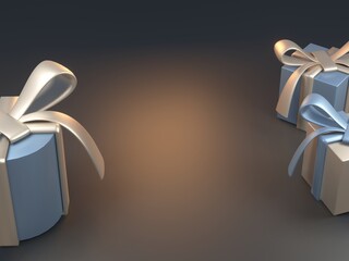 3d render of bit boxes in dark colors with golden and silver ribbons. Christmas day presents. Birthday and wedding party3d render of bit boxes in dark colors with golden and silver ribbons. Christmas 