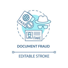 Document fraud blue concept icon. False documents. Illegal papers. Fake visa and border pass. Deportation abstract idea thin line illustration. Vector isolated outline color drawing. Editable stroke - obrazy, fototapety, plakaty