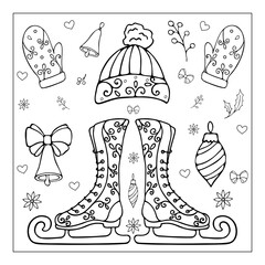 set of New Year's winter skates mittens hat Christmas decorations