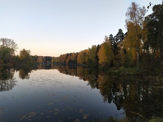 Calm river water reflecting autumn forest trees and evening blue sky