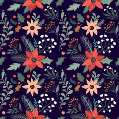 Christmas floral seamless pattern with poinsettia flower, festive background, winter wallpaper, gift paper