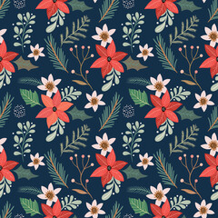 Christmas seamless pattern with poinsettia, floral wallpaper, winter background, surface design