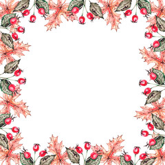 Watercolor frame with rosehip and maple leaves