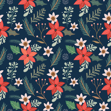 Christmas Seamless Pattern With Poinsettia, Floral Wallpaper, Winter Background, Surface Design