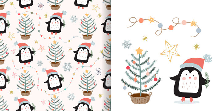 Christmas seamless pattern with cute penguins and Christmas tree, winter background, festive wallpaper, surface design