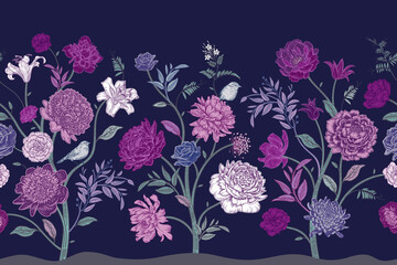Dark Seamless pattern. Blooming fantastic trees. Chinoiserie style.